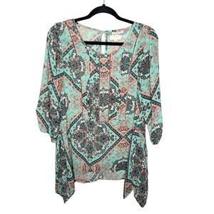UMGEE / mint teal green pink paisley boho printed sheer tunic top / S